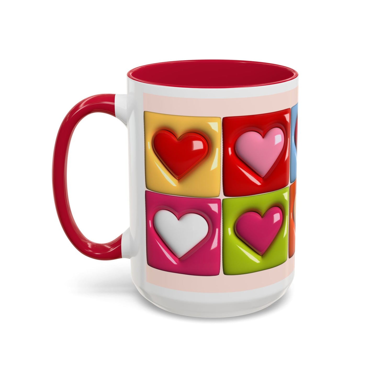 Colorful Heart Grid Coffee Mug — 11oz/15oz Vibrant Pop-Art Ceramic Gift
