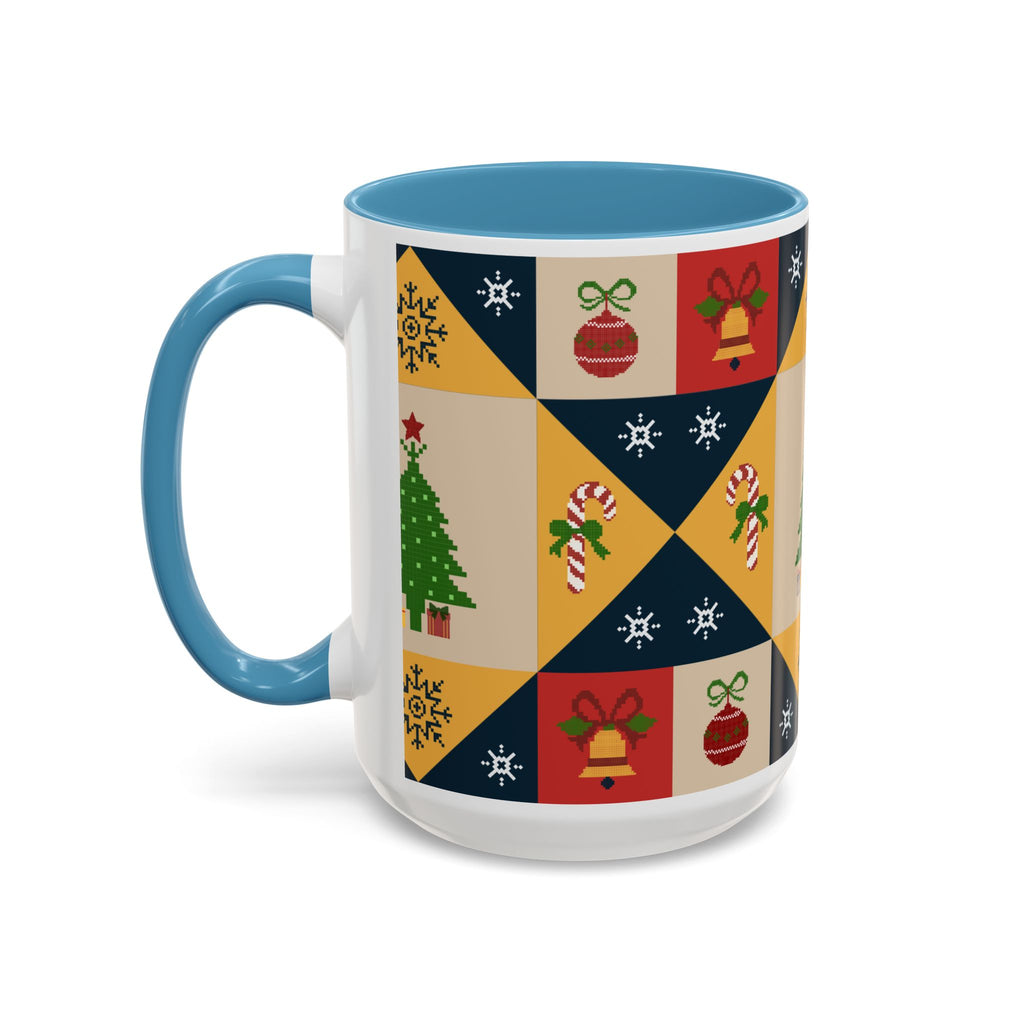 Christmas Quilt Pattern Accent Coffee Mug — Holiday Tree & Ornaments (15oz)