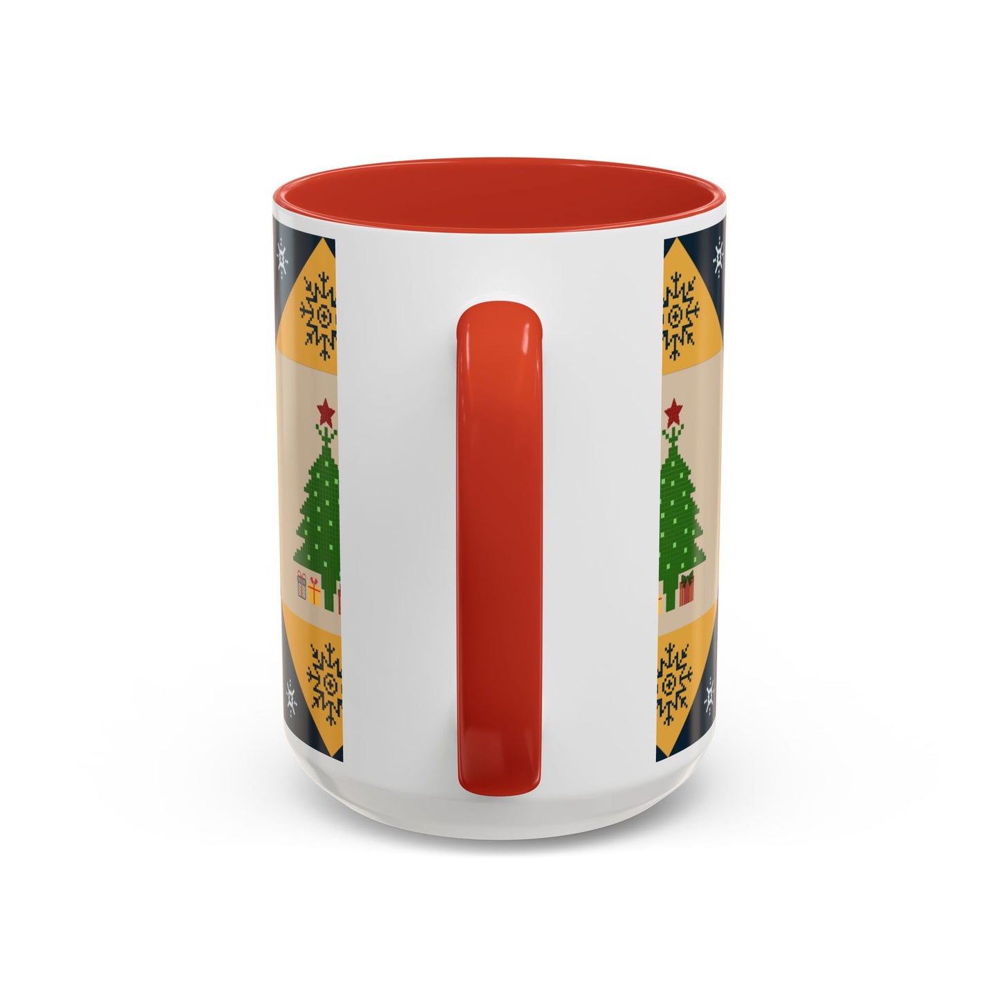 Christmas Quilt Pattern Accent Coffee Mug — Holiday Tree & Ornaments (15oz)