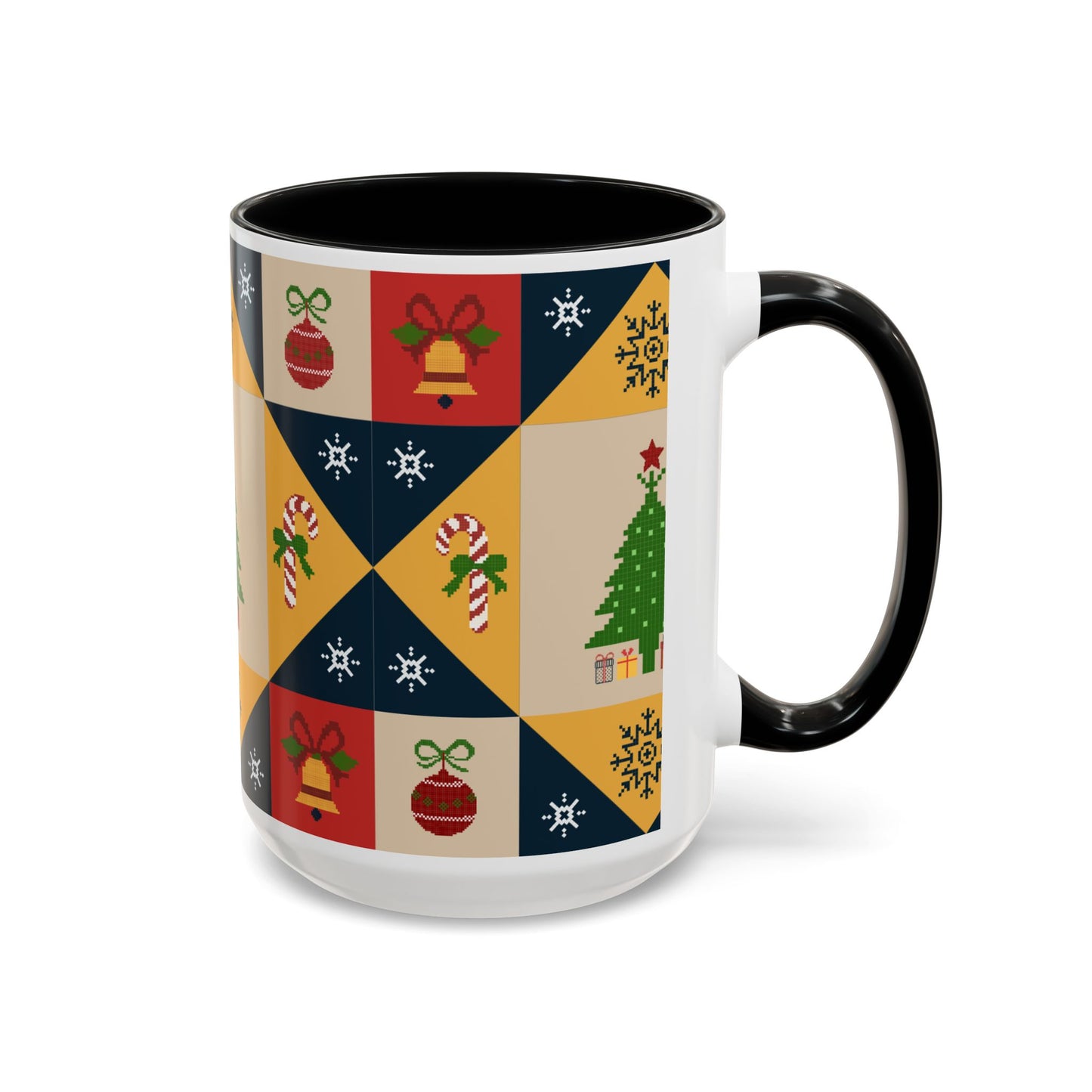 Christmas Quilt Pattern Accent Coffee Mug — Holiday Tree & Ornaments (15oz)