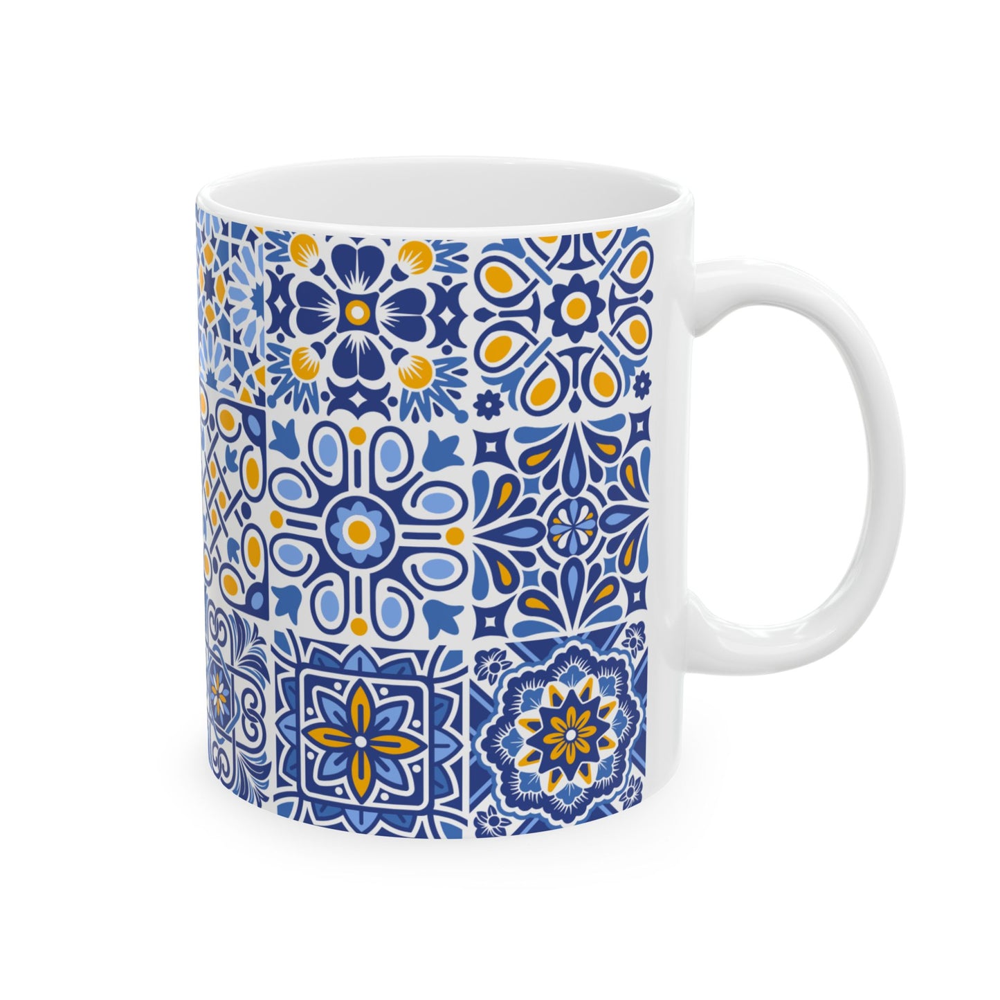 Blue & Yellow Mediterranean Tile Ceramic Mug — Patterned Coffee Cup (11oz/15oz)