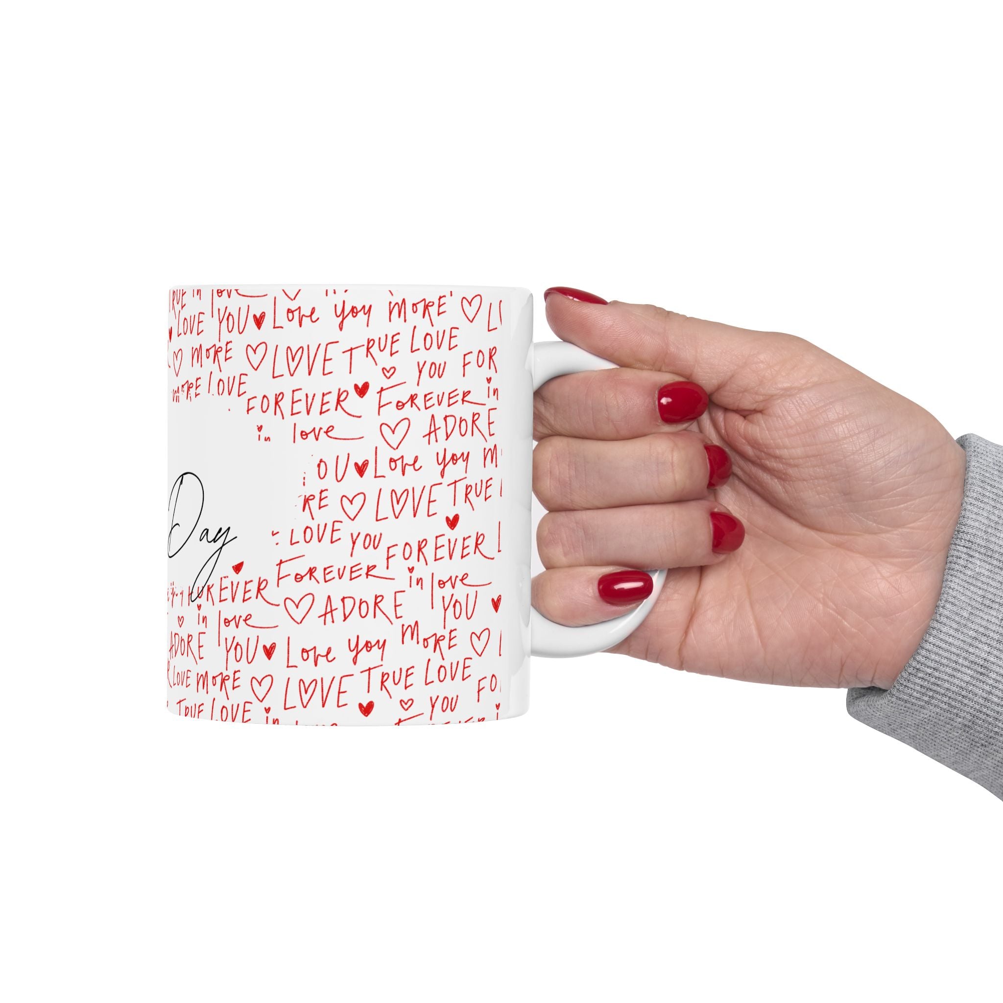 Valentine's Day Ceramic Mug — 'Happy Valentine's Day' with Red Love Handwritten Pattern (11oz & 15oz)