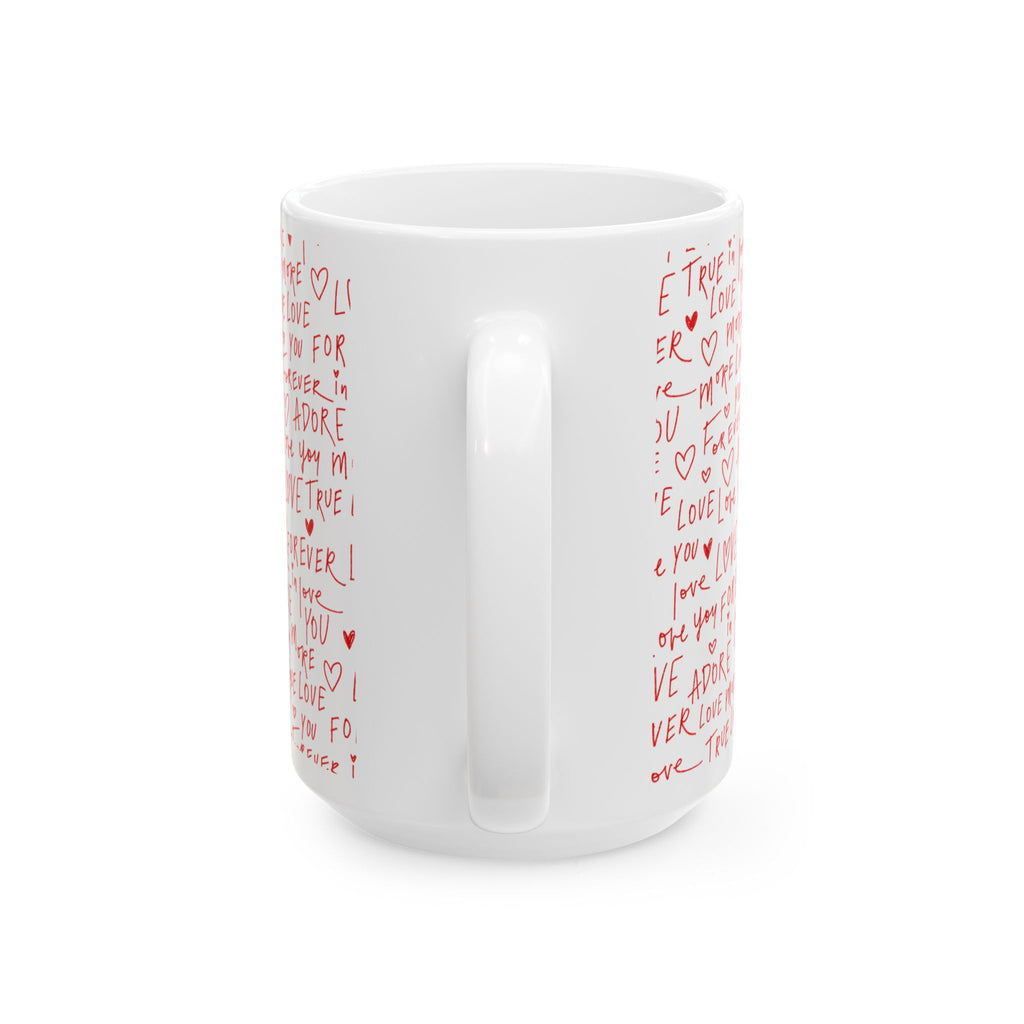Valentine's Day Ceramic Mug — 'Happy Valentine's Day' with Red Love Handwritten Pattern (11oz & 15oz)