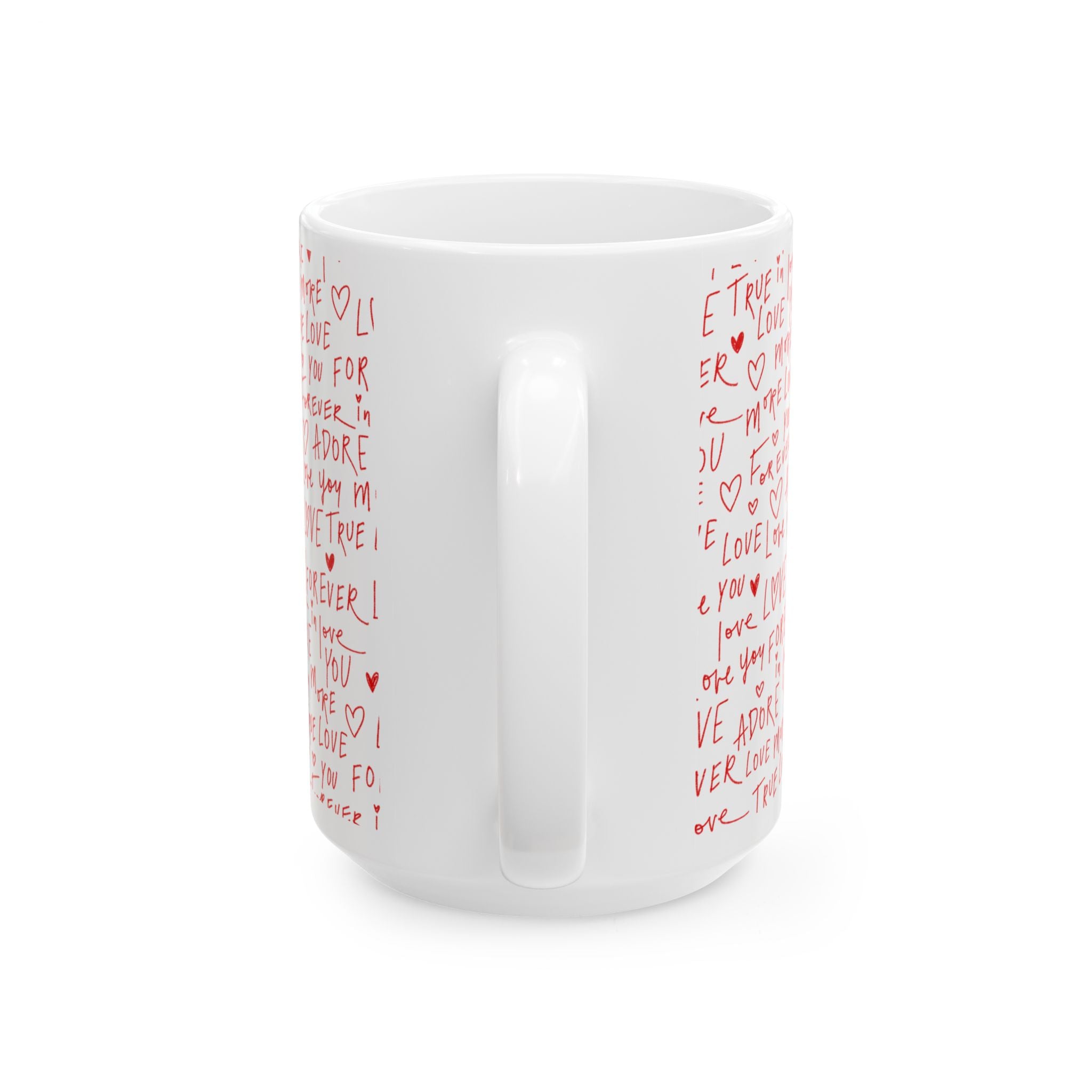 Valentine's Day Ceramic Mug — 'Happy Valentine's Day' with Red Love Handwritten Pattern (11oz & 15oz)