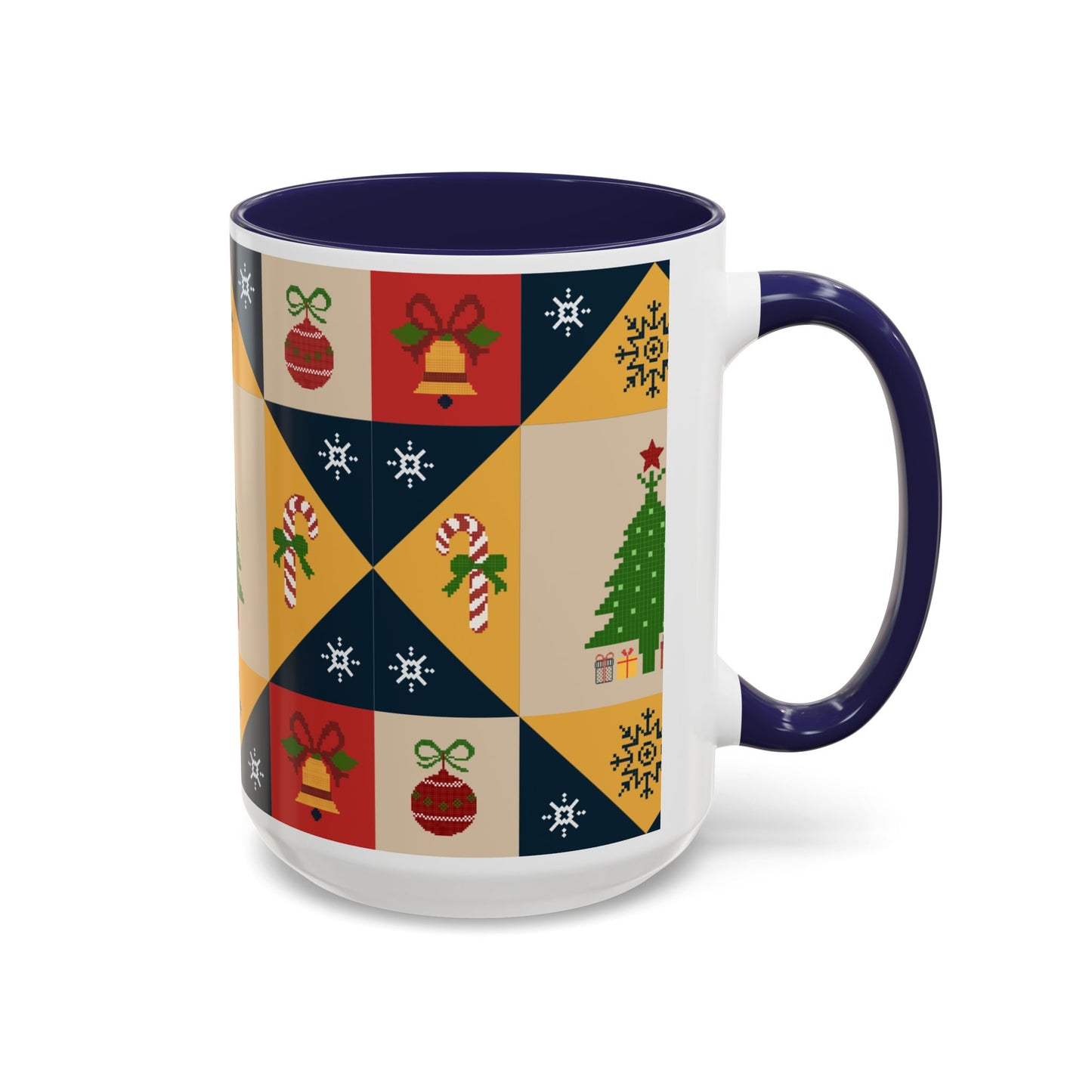 Christmas Quilt Pattern Accent Coffee Mug — Holiday Tree & Ornaments (15oz)