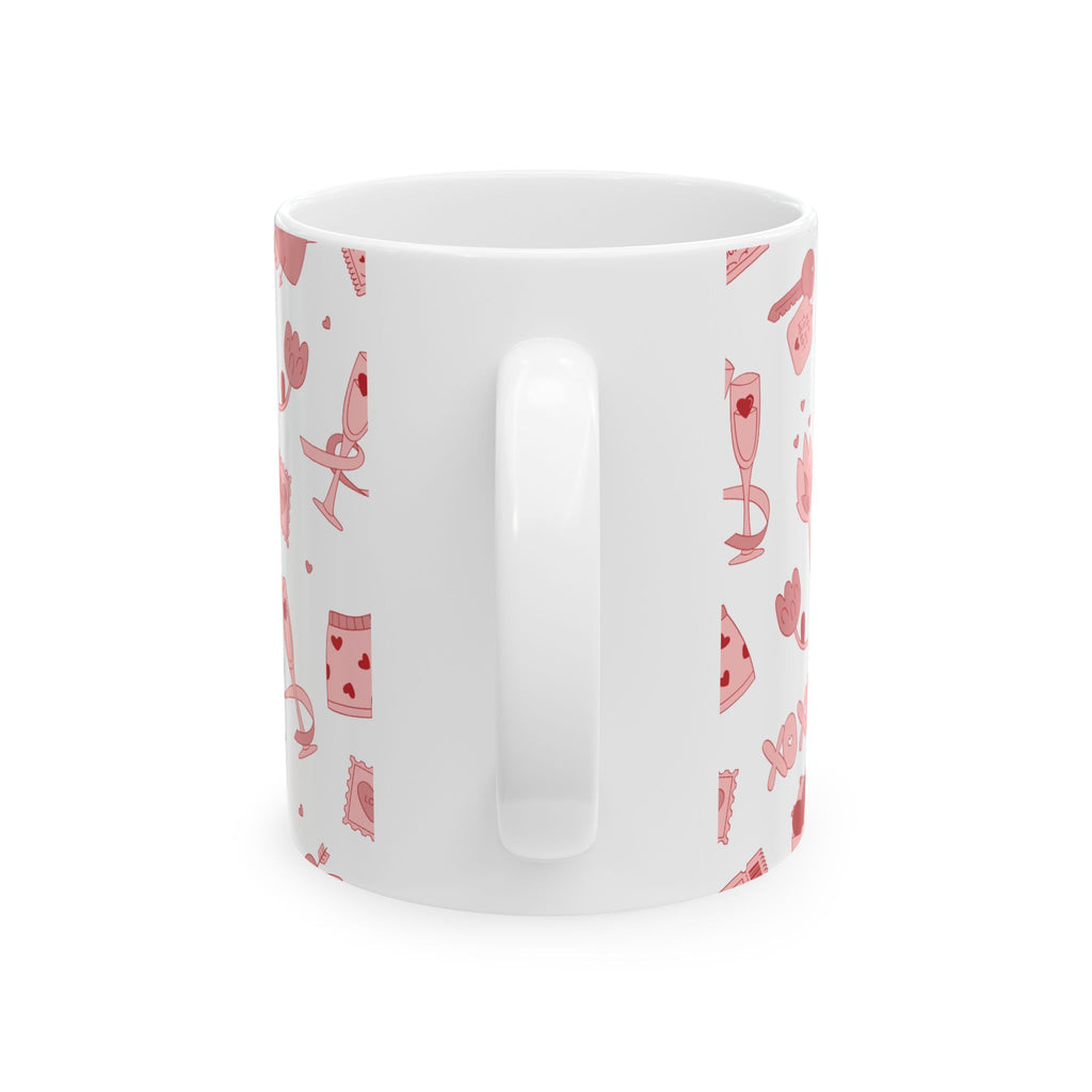 Valentine’s Pattern Ceramic Mug – Pink Hearts & Romance Icons (11oz, 15oz)