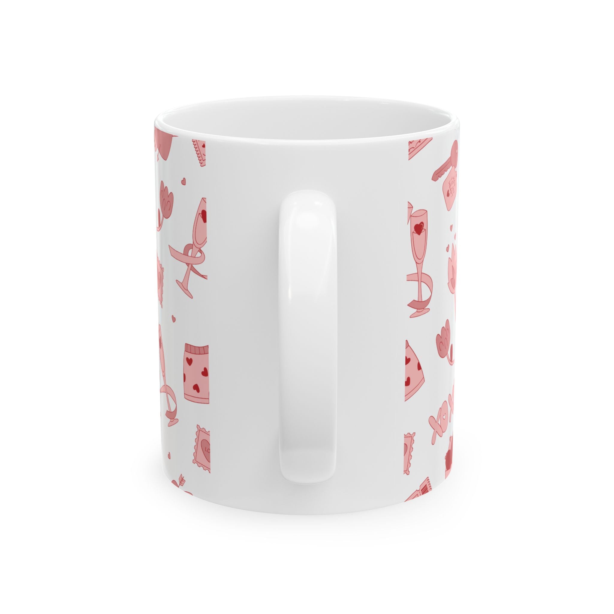 Valentine’s Pattern Ceramic Mug – Pink Hearts & Romance Icons (11oz, 15oz)