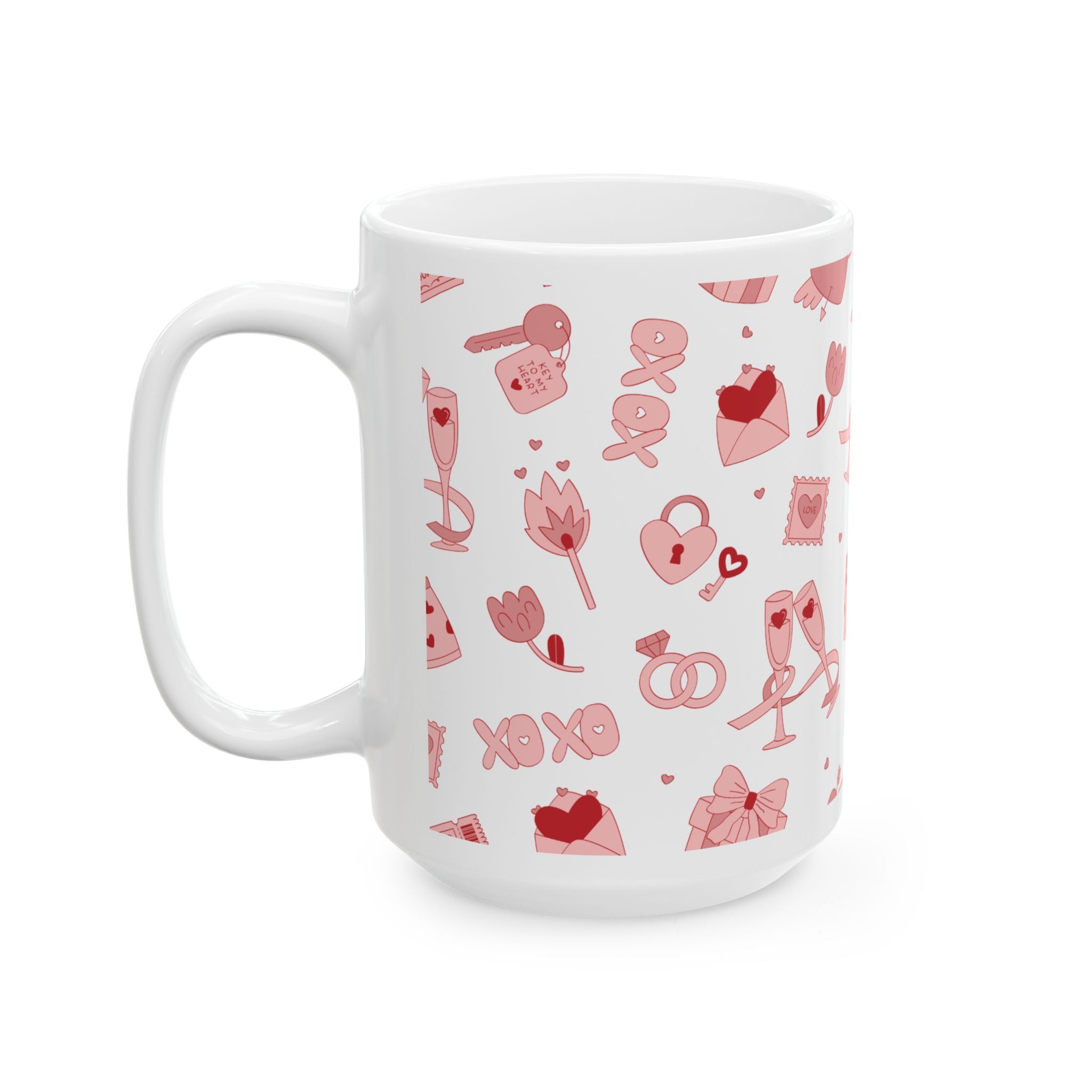 Valentine’s Pattern Ceramic Mug – Pink Hearts & Romance Icons (11oz, 15oz)