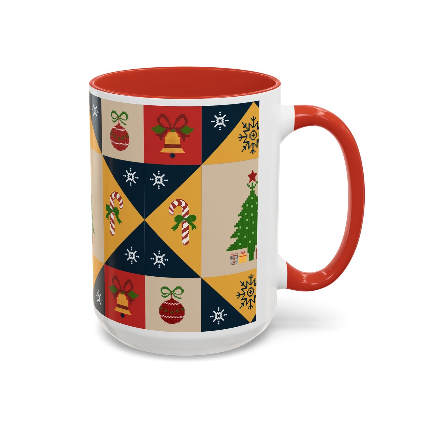 Christmas Quilt Pattern Accent Coffee Mug — Holiday Tree & Ornaments (15oz)