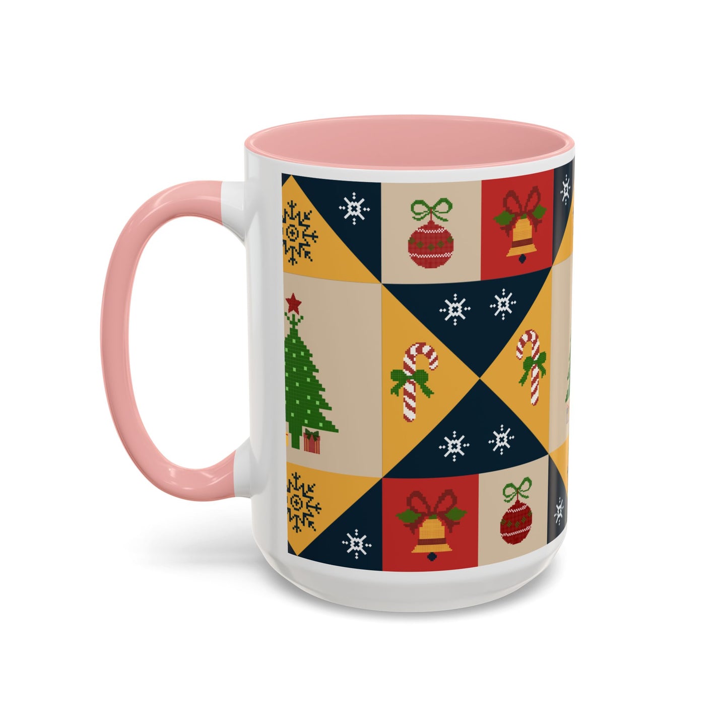 Christmas Quilt Pattern Accent Coffee Mug — Holiday Tree & Ornaments (15oz)
