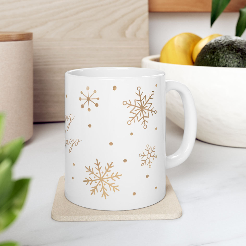 Happy Holidays Ceramic Mug — Gold Snowflake Holiday Coffee Cup (11oz)