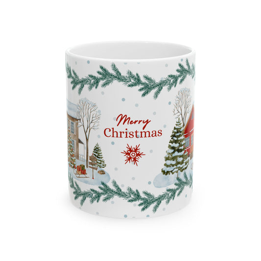 Merry Christmas Holiday Ceramic Mug — Festive Winter Village 11oz/15oz