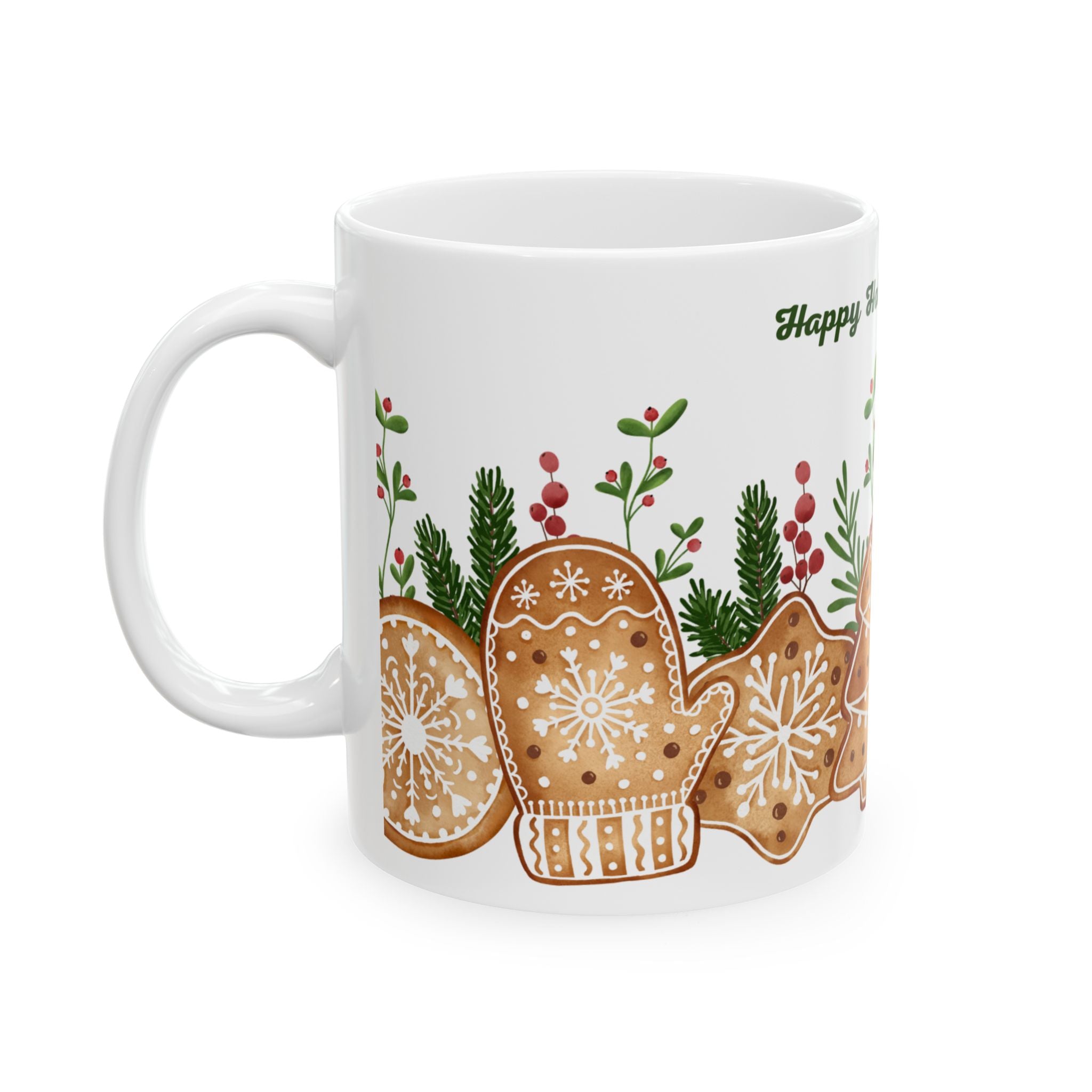 Holiday Gingerbread Mug — "Happy Holidays to You" Ceramic Coffee Cup (11oz)