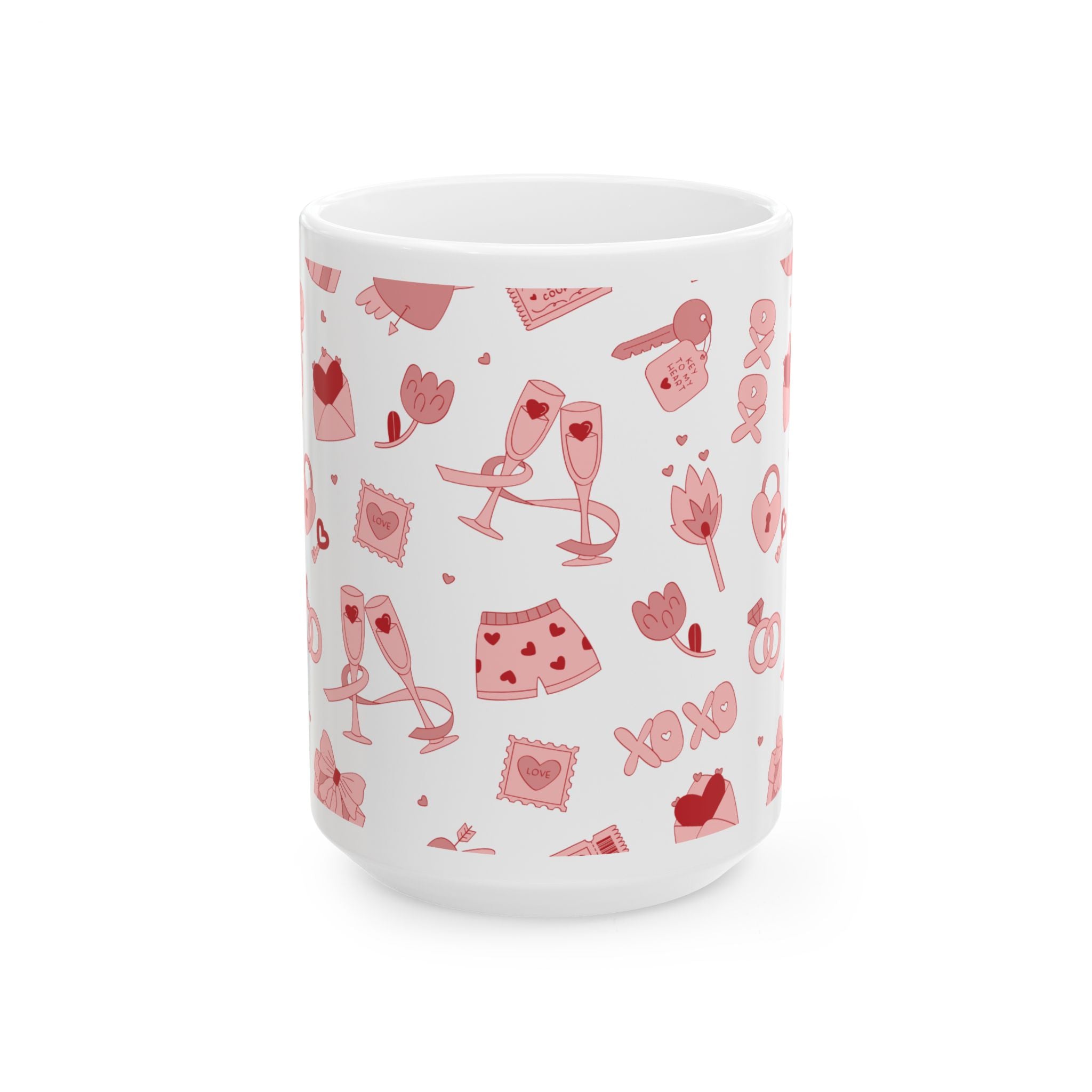 Valentine’s Pattern Ceramic Mug – Pink Hearts & Romance Icons (11oz, 15oz)