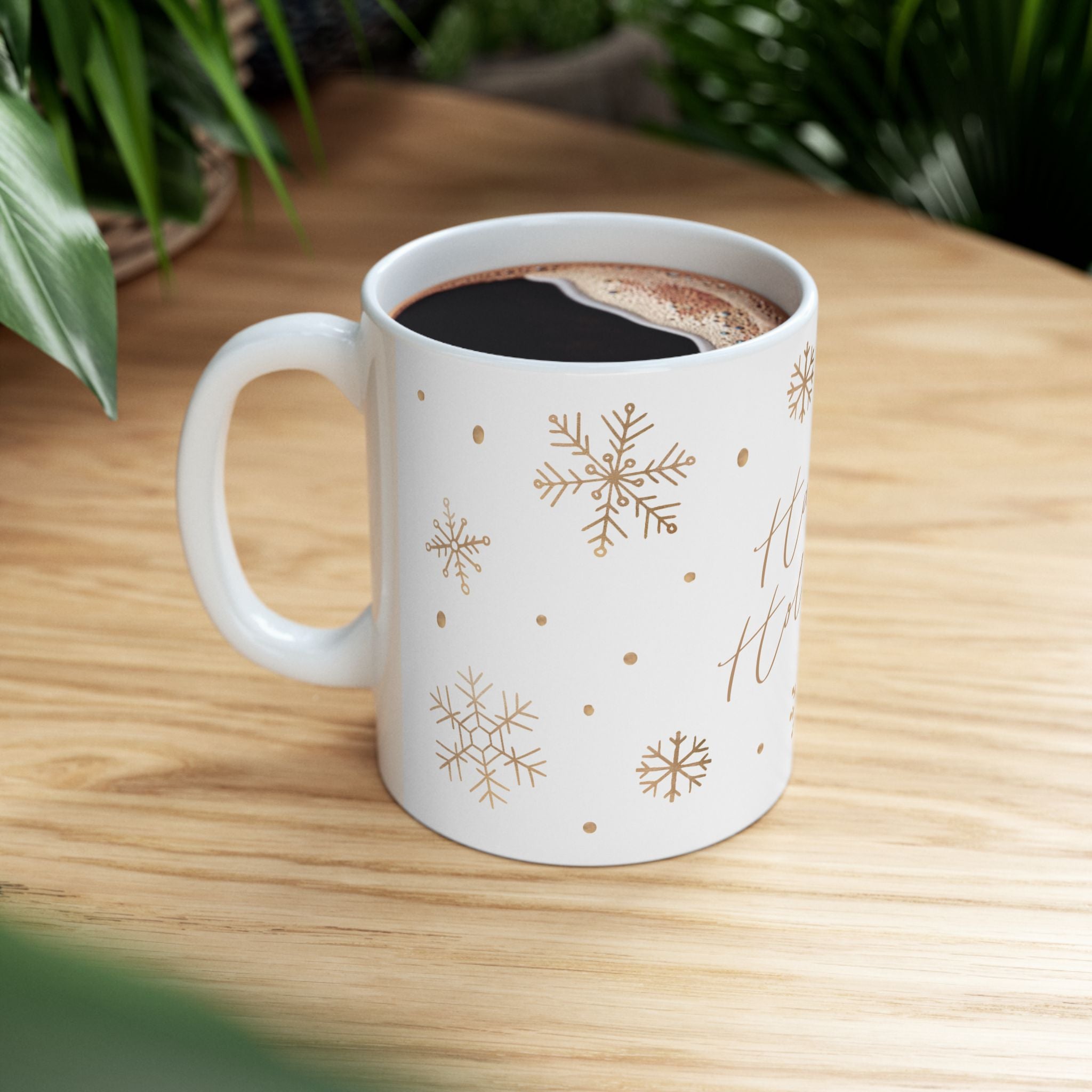 Happy Holidays Ceramic Mug — Gold Snowflake Holiday Coffee Cup (11oz)