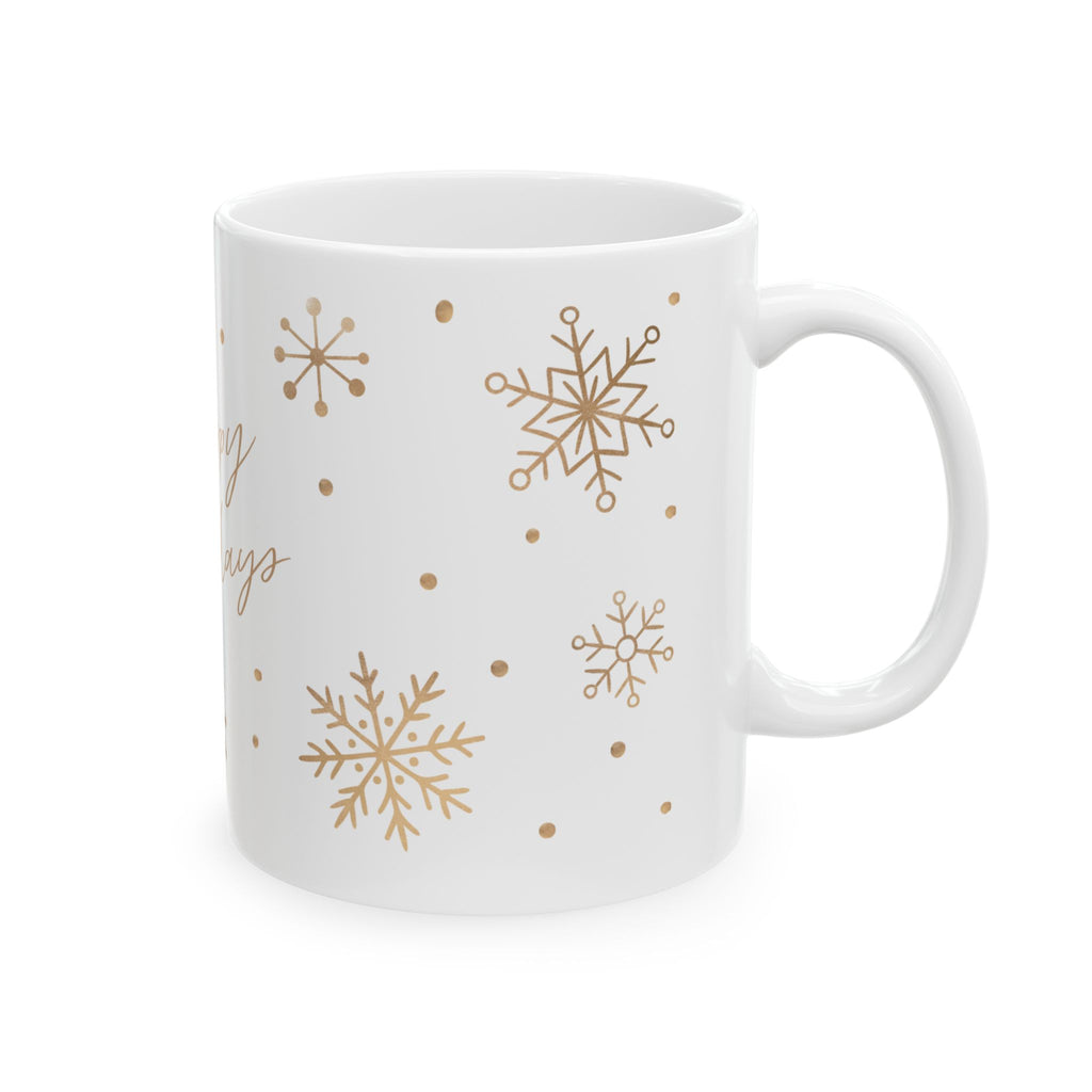Happy Holidays Ceramic Mug — Gold Snowflake Holiday Coffee Cup (11oz)