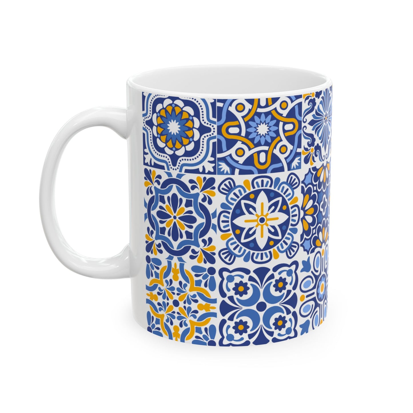Blue & Yellow Mediterranean Tile Ceramic Mug — Patterned Coffee Cup (11oz/15oz)