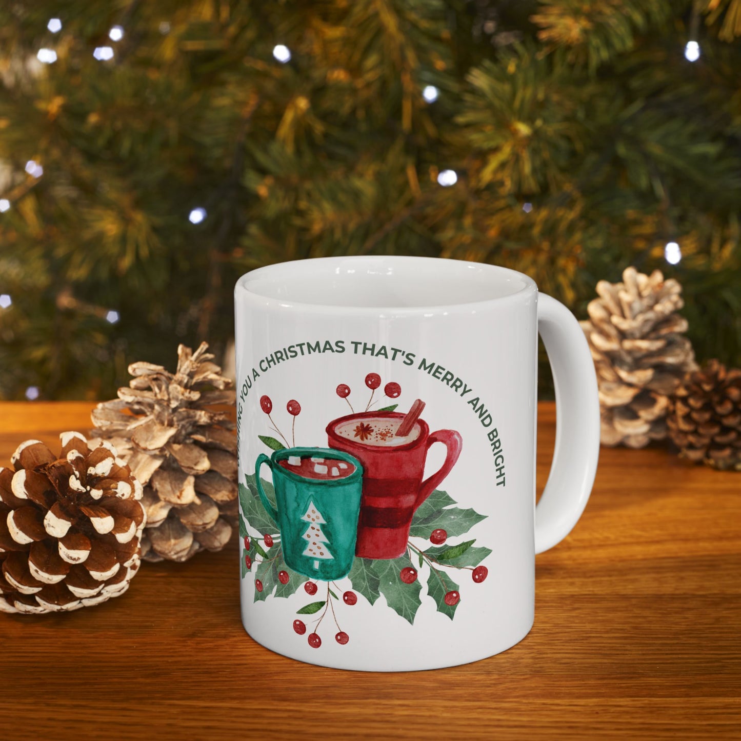 Christmas Mug — 'Merry & Bright' Holiday Ceramic Coffee Cup (11oz & 15oz)