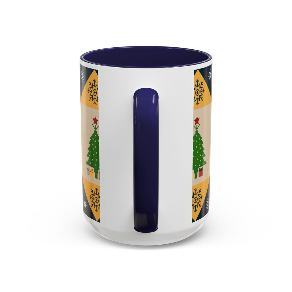 Christmas Quilt Pattern Accent Coffee Mug — Holiday Tree & Ornaments (15oz)
