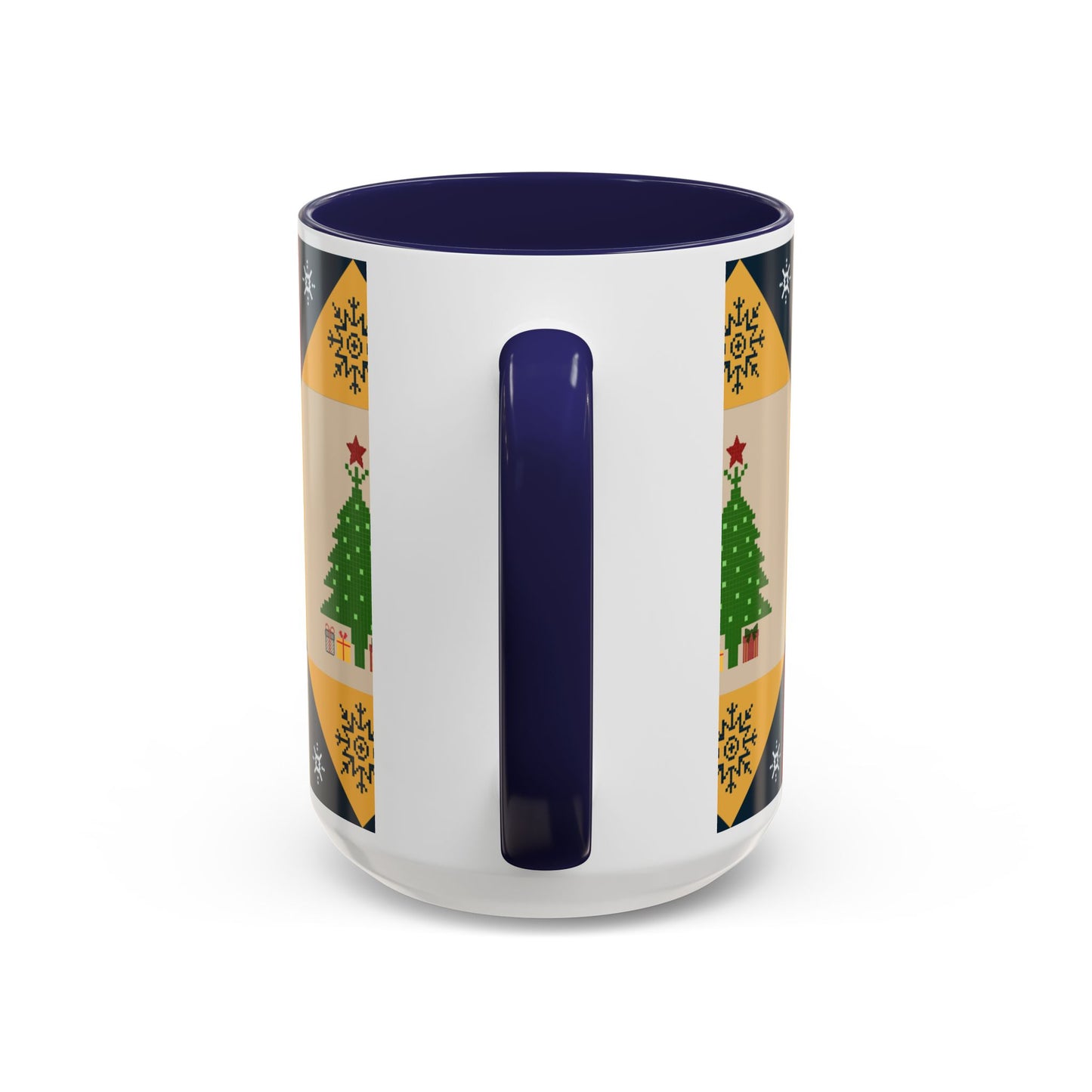 Christmas Quilt Pattern Accent Coffee Mug — Holiday Tree & Ornaments (15oz)