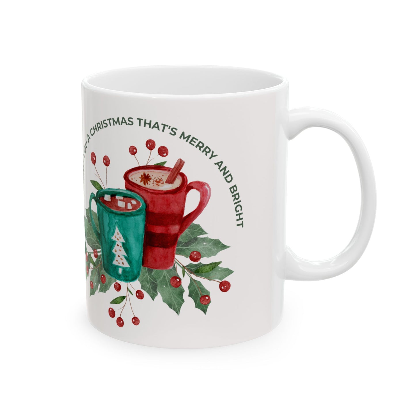Christmas Mug — 'Merry & Bright' Holiday Ceramic Coffee Cup (11oz & 15oz)