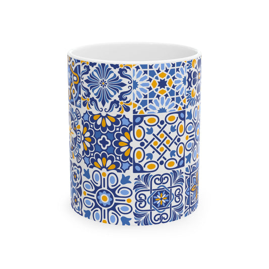 Blue & Yellow Mediterranean Tile Ceramic Mug — Patterned Coffee Cup (11oz/15oz)