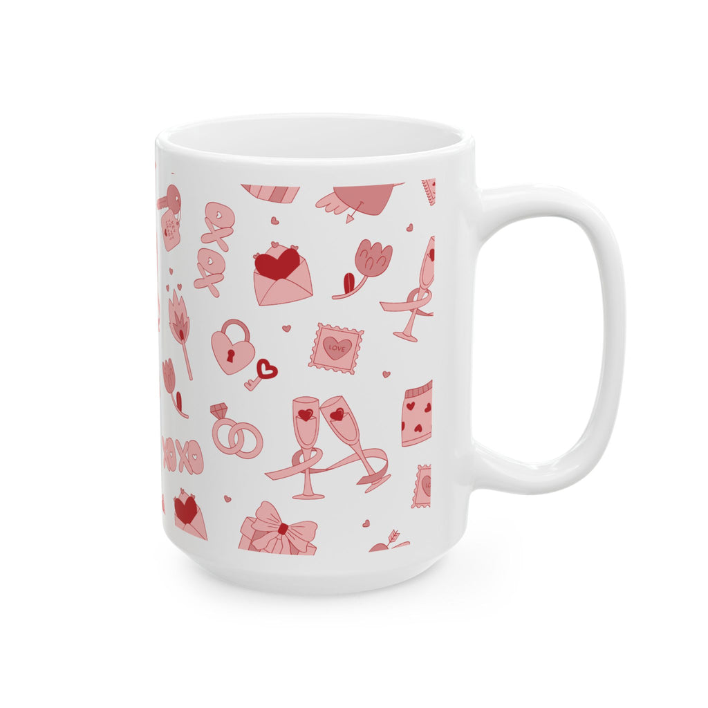 Valentine’s Pattern Ceramic Mug – Pink Hearts & Romance Icons (11oz, 15oz)