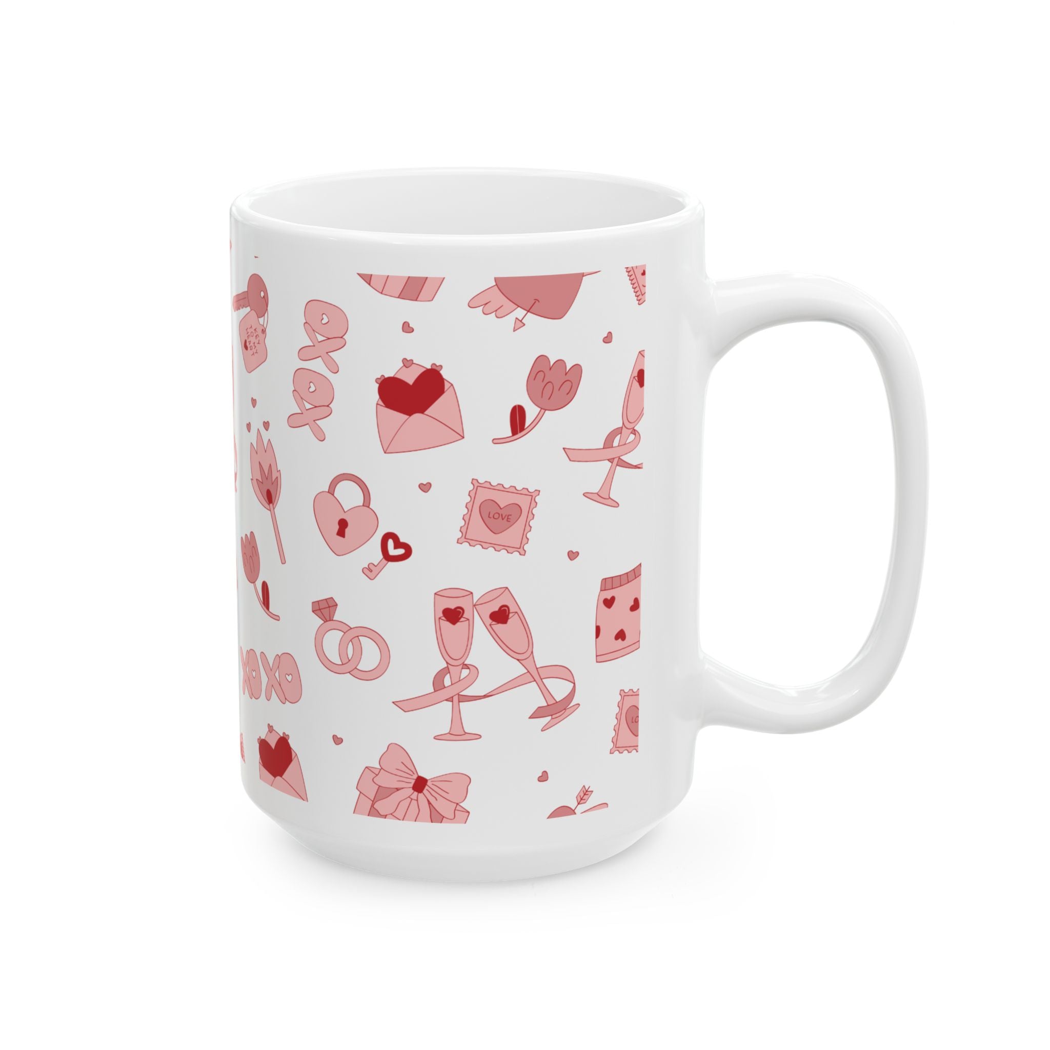 Valentine’s Pattern Ceramic Mug – Pink Hearts & Romance Icons (11oz, 15oz)