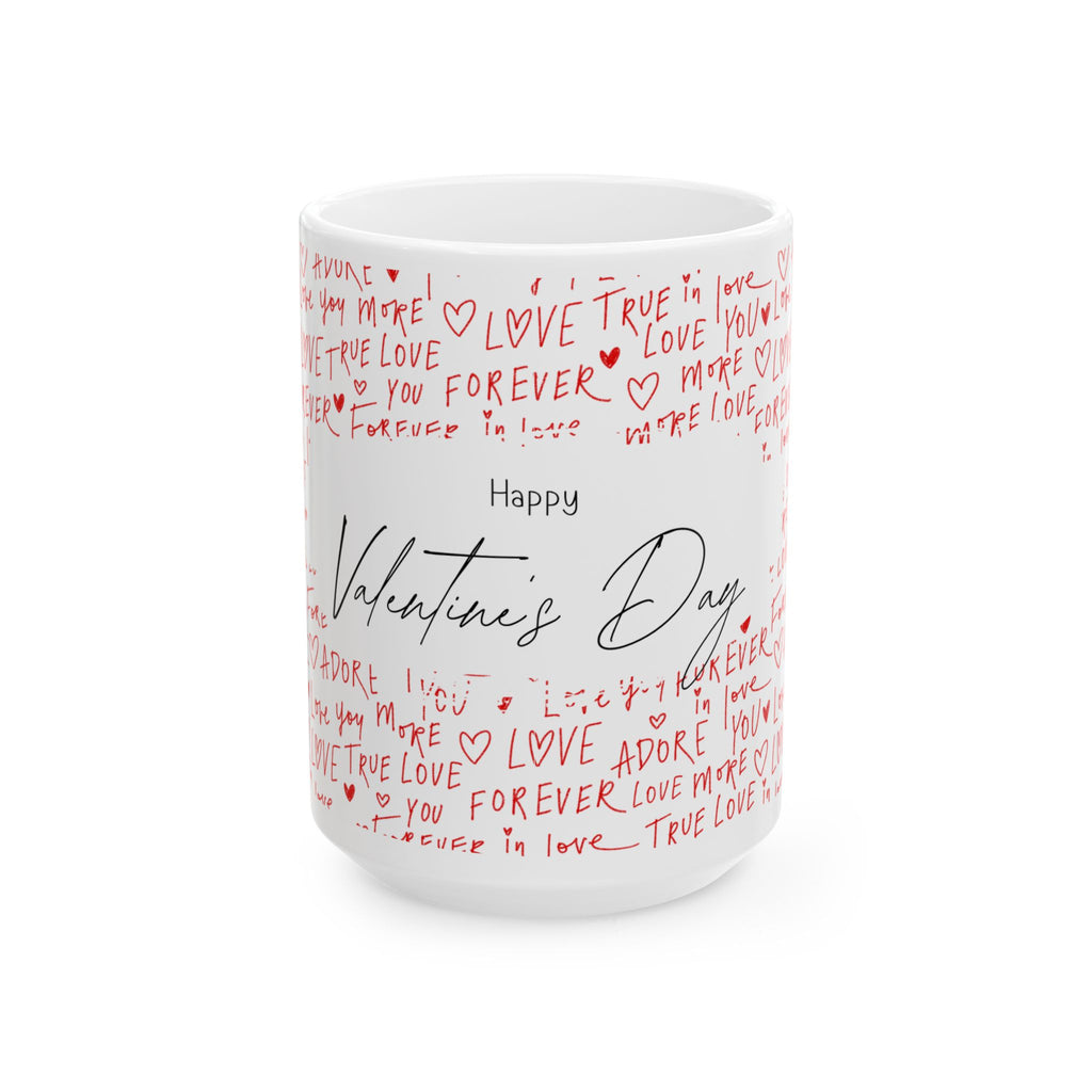 Valentine's Day Ceramic Mug — 'Happy Valentine's Day' with Red Love Handwritten Pattern (11oz & 15oz)