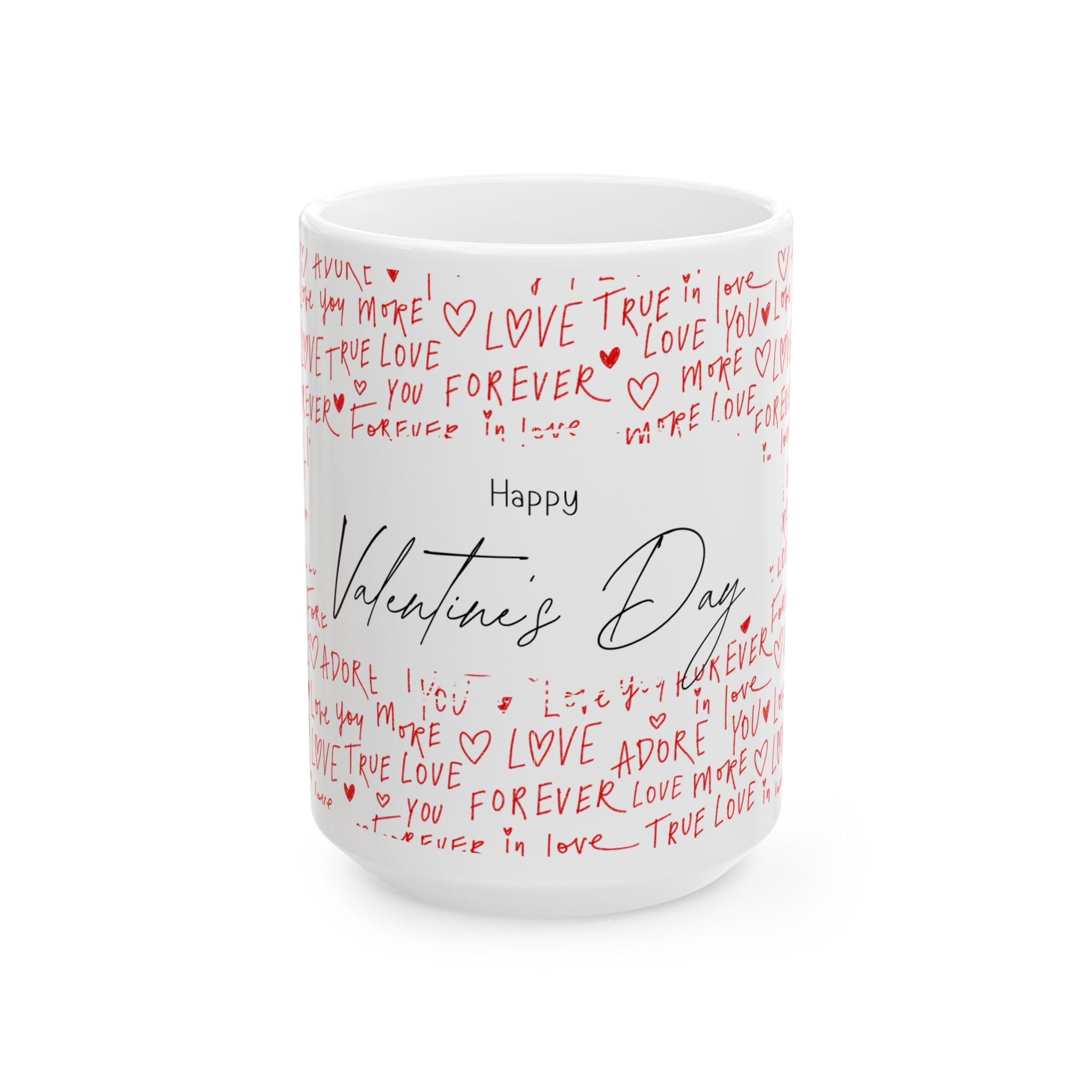 Valentine's Day Ceramic Mug — 'Happy Valentine's Day' with Red Love Handwritten Pattern (11oz & 15oz)
